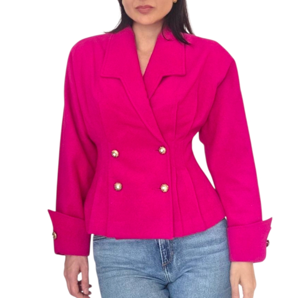 Vintage Donna 80s Hot Pink Fuchsia  Double-Breasted Shoulder Padded Wool Jacket